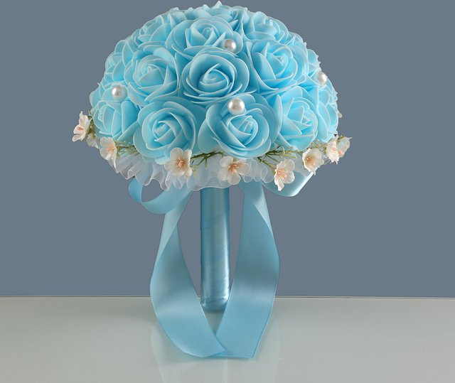 TRUE LOVE GIFT Blaue künstliche Rosen mit Spitzenbändern für deinen Hochzeitsstrauß - Bild 1