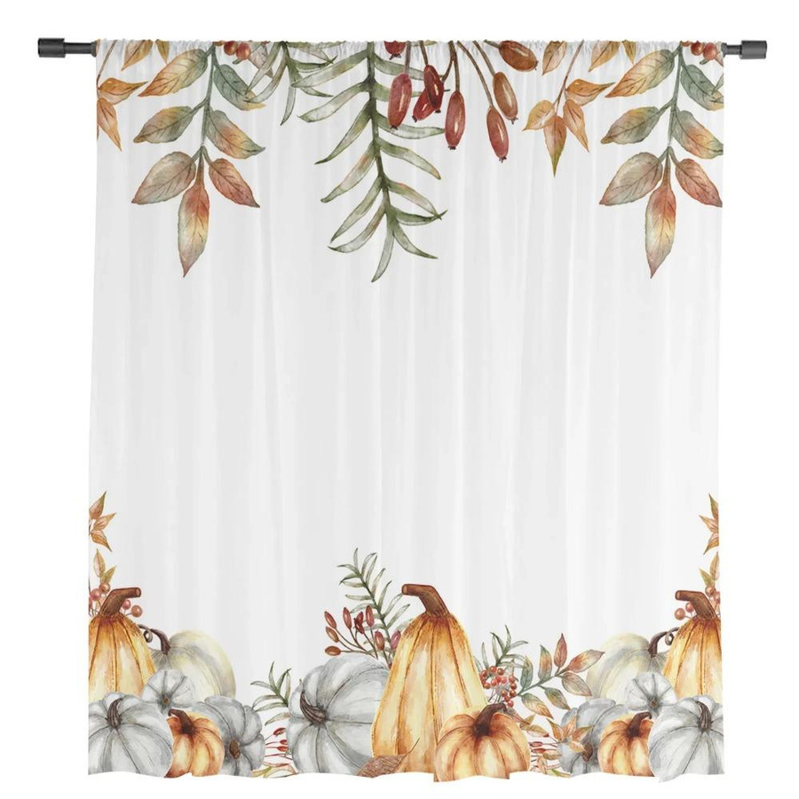 Yiran Furniture Herbst Vorhang mit Kürbis und Ahornblatt Design, Transparenter Tüll-Voile für Wohnzimmer, Schlafzimmer oder Küche, Breite: 135 cm, Höhe: 115 cm - Bild 1
