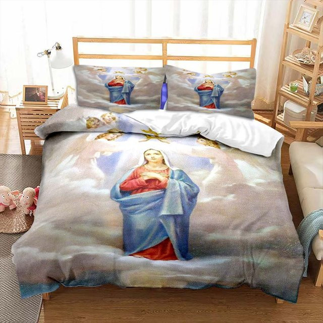 Bettwäscheset mit Jesus-Jungfrau-Maria-Motiv von Binchi Outdoor Product in Blau, 3-teiliges Set aus Polyester bestehend aus Bettbezug und Kissenbezügen, B/H: 155 x 215 cm - Bild 1