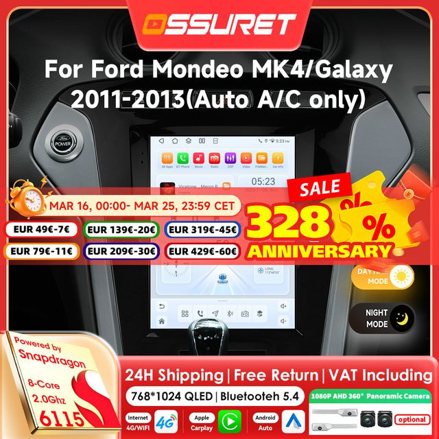 OSSURET 9,7 Zoll Autoradio mit AI Carplay und Android 14 für Ford Mondeo MK4 Galaxy, Snapdragon 6115 Multimedia-System mit GPS und 360 Kamera, Schwarz - Bild 1