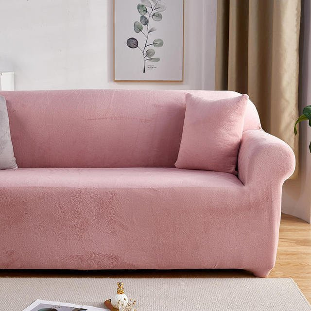 Dehnbare Samt-Sofahülle für L-Form Ecksofas in Rosa, elastischer Überwurf aus weichem Stoff, Breite: 90-140 cm - Bild 1