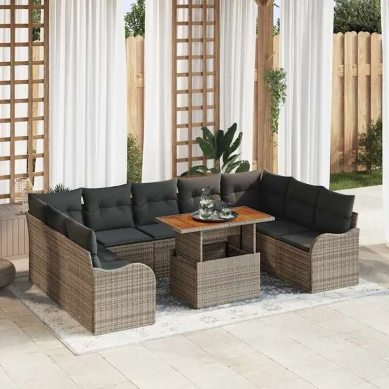 Vidaxl Polyrattan Garten-Sofa-Set mit 10-teiligen Kissen in Grau, modernes Loungemöbel aus Polyrattan und Akazie, B/T/H: 100 x 55 x 73 cm - Bild 1