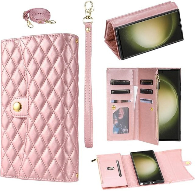 Leder Klapphülle mit Lanyard und Geldbörse für Samsung Galaxy S25 Ultra S24 Plus S23 S22 S21 S20 Note20 Ultra S10E in Pink - Bild 1