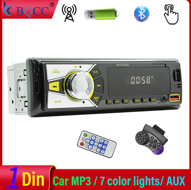 BQCC Universal 1DIN Auto Radio MP3 Player mit Bluetooth, FM, AUX, USB und TF-Kartenslot in Schwarz mit 7 Farben LED-Beleuchtung - Bild 1