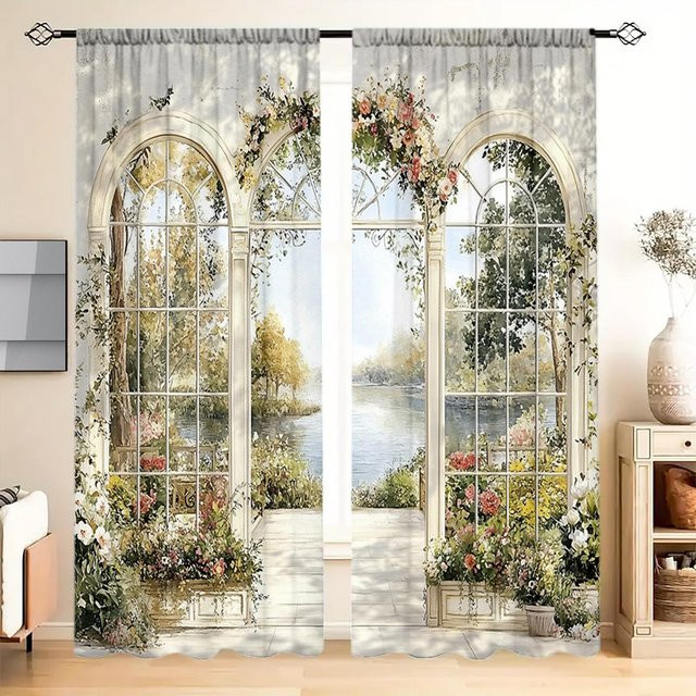 2-teiliges Set Vorhang mit französischem Garten Ölgemälde-Print von Household supplies MH, halbtransparent, bunt, Breite: 52,5 cm, Höhe: 116 cm - Bild 1