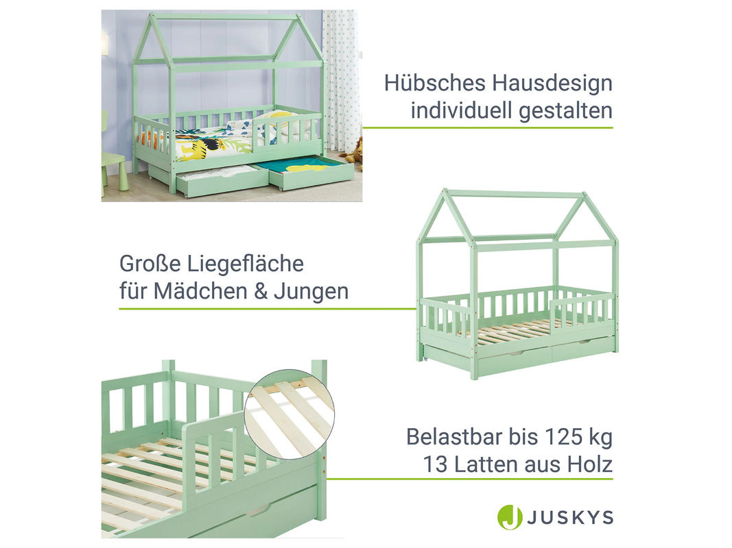 Juskys Kinderbett Marli aus Kiefernholz mit Bettkasten in Grün, B/T/H: 160 x 80 x 125 cm - Bild 3