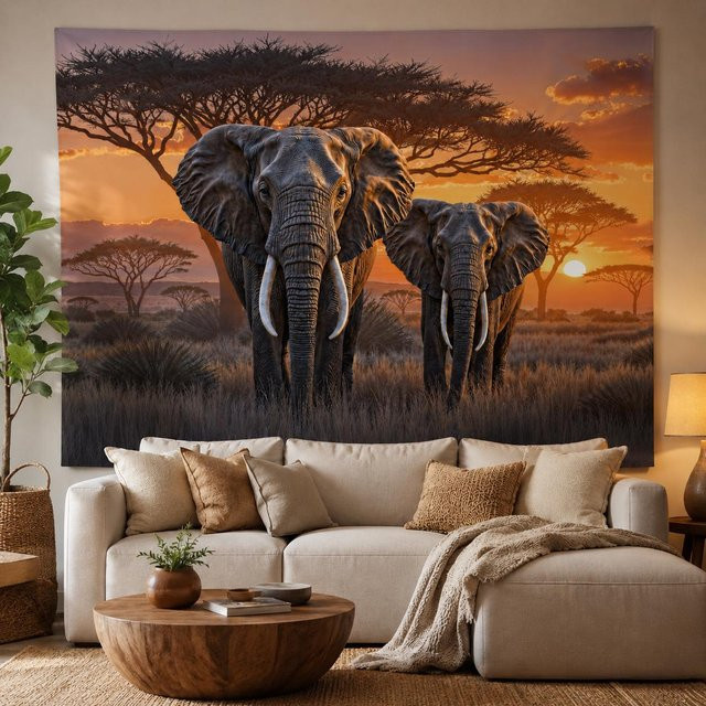 Tee Mood Wandteppich Afrikanischer Elefant mit Savannenlandschaft aus Polyester, Mehrfarbig, B: 150 cm, H: 180 cm - Bild 1