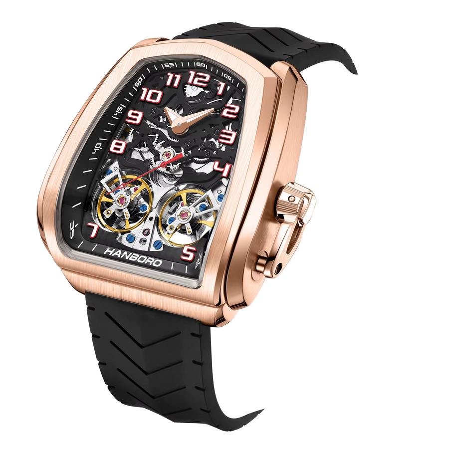 HANBORO Automatik-Armbanduhr, Roségold, Messing, Rotes Zifferblatt, Herren - Bild 3