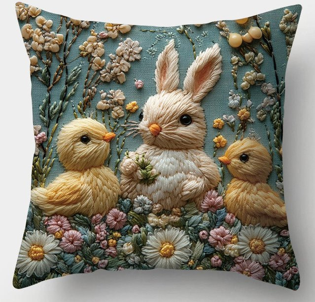 Ostern Kissenbezug mit Hase und Ei Motiv aus Peach Skin für Sofa und Schlafzimmer B/B: 18 x 18 cm - Bild 1