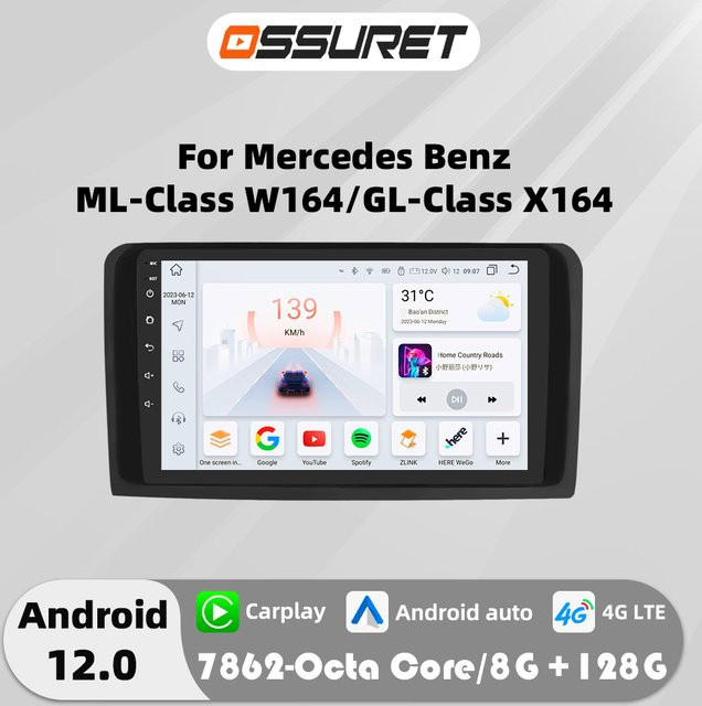 OSSURET Android Autoradio mit 4G, Carplay und GPS für Mercedes Benz ML GL W164 X164, 9 Zoll Display, Schwarz - Bild 1