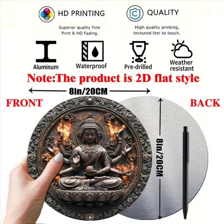 CIFBUY Vintage Tausendhändiger Buddha Aluminium-Schild, Runde Wanddekoration im Zen-Stil, Durchmesser: 20,32 cm - Bild 2