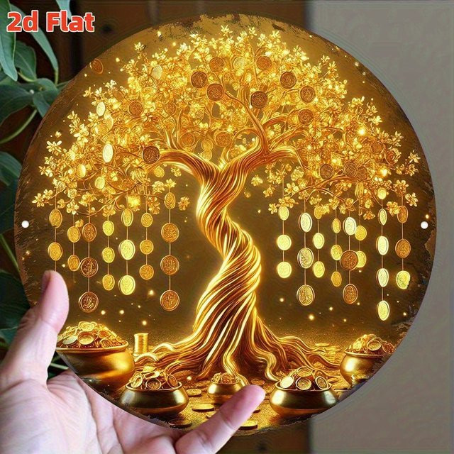Potdemiel Wealth Tree Feng Shui Symbol Rundes Aluminium-Metallschild in Gold, Durchmesser: 20 cm - Bild 1