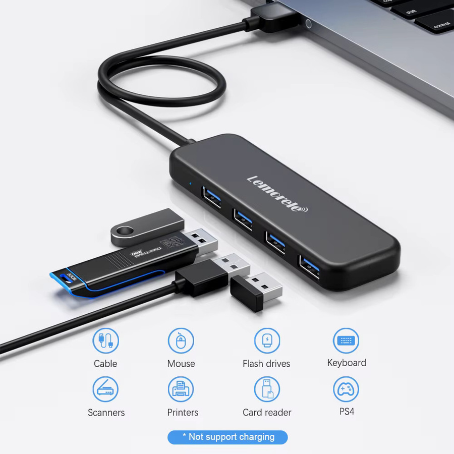 Lemorele USB 3.0 Hub mit 4 USB-A Anschlüssen und OTG-Funktion, Schwarz - Bild 2