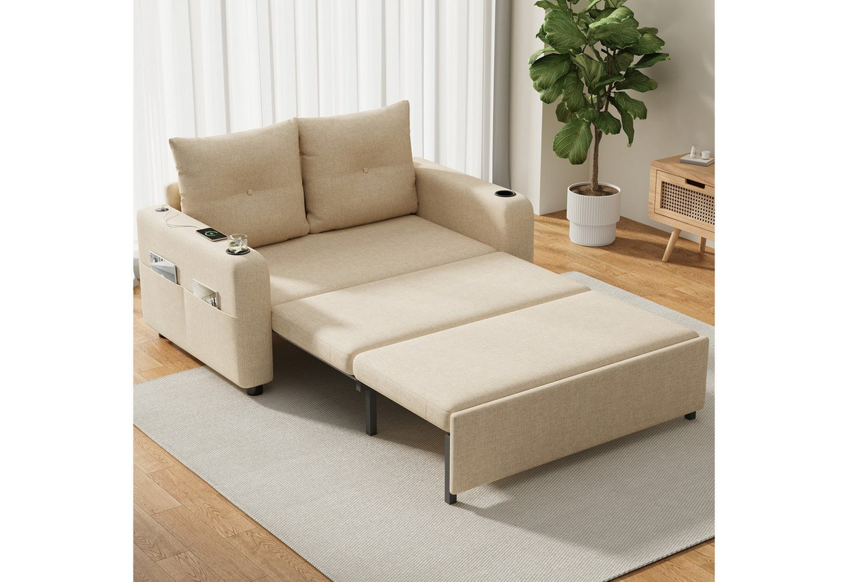 Merax 3-in-1 Schlafsofa mit ausziehbarem Bett, USB- und Type-C-Anschluss, Getränkehaltern und Seitentaschen in modernem Design für Wohnzimmer und Schlafzimmer - Bild 1