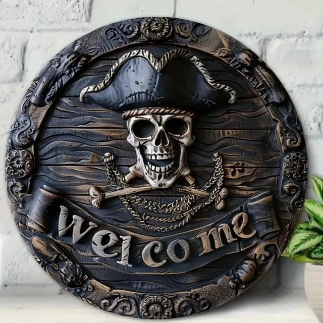 CIFBUY Rustikales Halloween Willkommensschild mit Piratenschädel als runde Wanddekoration für deine Party - Bild 1