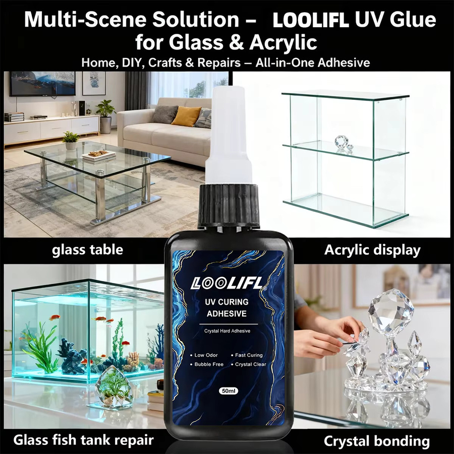 Loolifl UV-Kleber Set mit UV-Lampe, transparenter Superkleber für Glas, Acryl und Metall, 50 ml - Bild 2