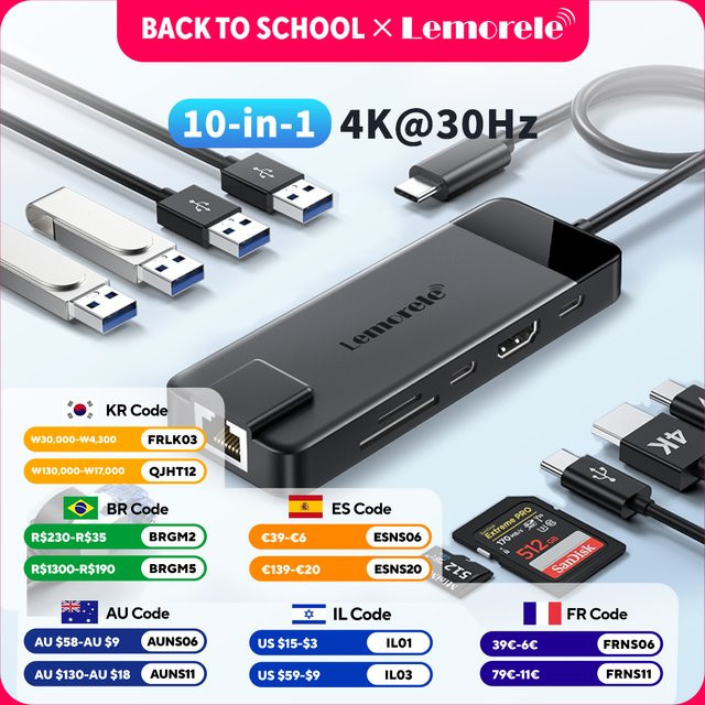 Lemorele TC93 USB-C Hub mit 4K HDMI, RJ45 Gigabit Ethernet, USB 3.0, VGA sowie SD und TF Kartenleser für MacBook Pro und Air - Bild 1
