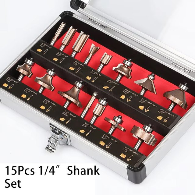 JGZUI 15-teiliges Profi-Fräser-Set in Silber mit 1/4-Zoll-Schaft für Holzbearbeitung, Gravur und Möbelherstellung - Bild 1