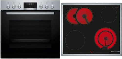Bosch Herdset MKH63SK3S in Edelstahl bestehend aus HEG537BS4 Backofen, NKN645GA2E Kochfeld und HEZ538000 Abzugshaube - Bild 1