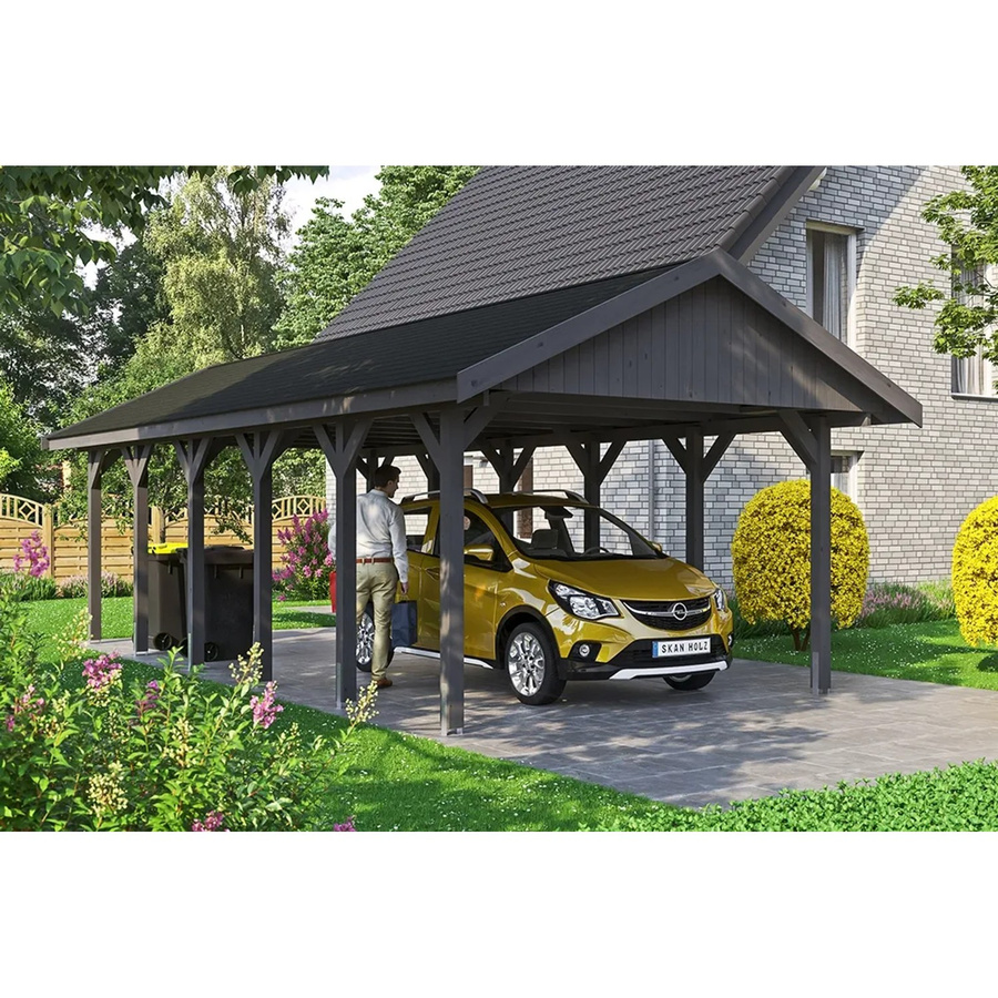 Skan Holz Carport Wallgau Satteldach aus Nadelholz in Schiefergrau mit schwarzen Dachschindeln B: 430 cm, T: 900 cm, H: 326 cm - Bild 2