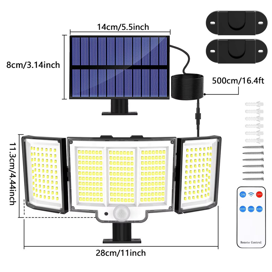 Solar-Sicherheitsleuchte mit 348 LED und Bewegungssensor, IP65 wasserdichtes Solar-Wandflutlicht für den Außenbereich mit Fernbedienung, Schwarz - Bild 8