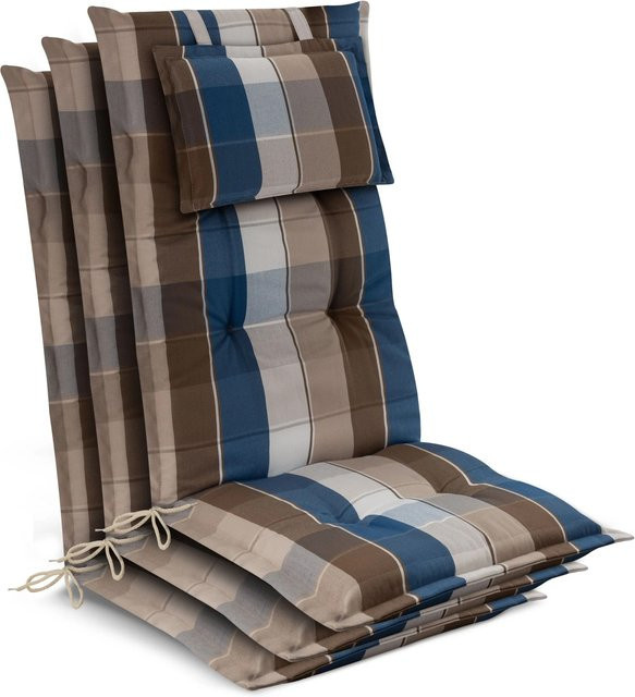 Beautissu 3er Set Gartenstuhlauflage Hochlehner Braun-Blau-Kariert, B/H: 50 x 120 cm, UV-beständig und mit Schaumstofffüllung - Bild 1