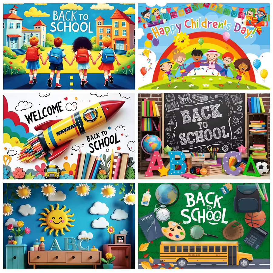 Bonvvie Kindergarten-Fotohintergrund Schulanfang in Multicolour mit Weltkugel, Bücherregal und Tafel - Bild 1