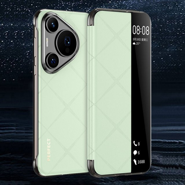 Echtes Leder Schutzhülle mit Smart Window View für Huawei Pura 70 Ultra und Huawei Pura 70 Pro Plus in Weiß oder Grün - Bild 1