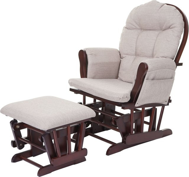 Relaxsessel MCW-C76 Schaukelstuhl mit Hocker und Armlehnen in Creme-Grau mit braunem Gestell aus Stoff und Textil - Bild 1