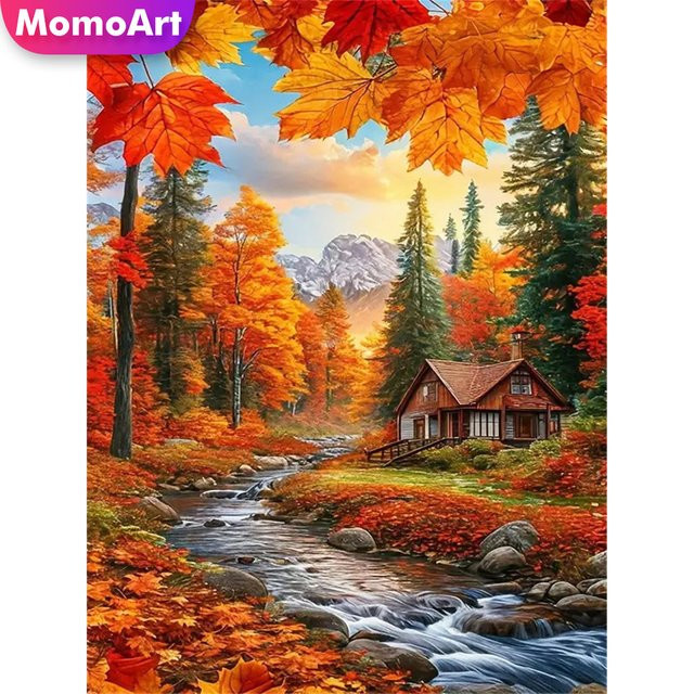 Momoart DIY Diamantstickerei Set Herbst Landschaft Rundes Haus Mosaik Wandbild Multicolour - Bild 1