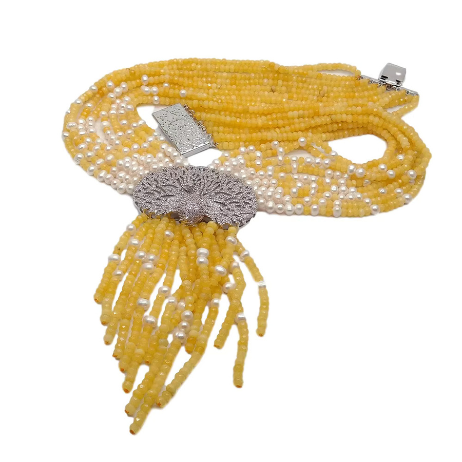 Y·YING Halskette, gelbe Jade, weiße Süßwasserperlen, Pfau-Anhänger, 49,5 cm - Bild 3