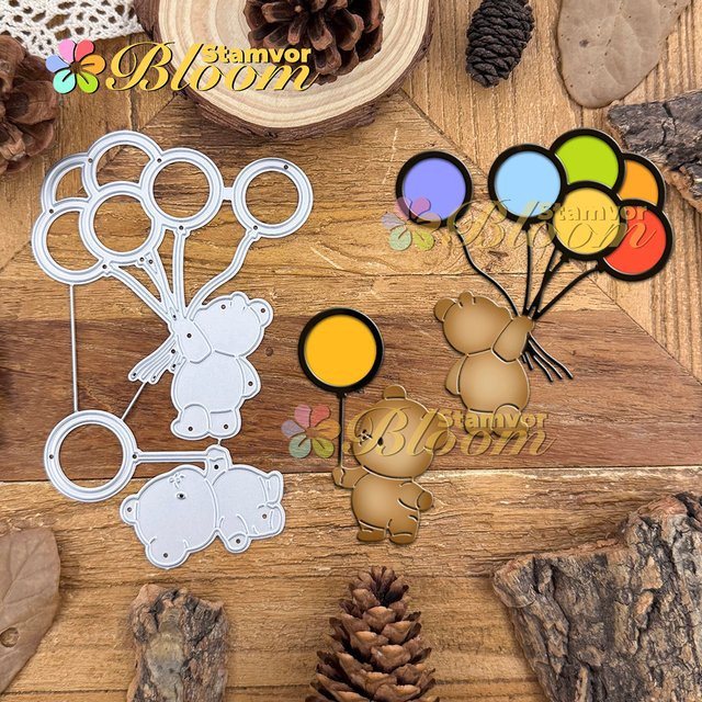 Metall-Stanzformen für Scrapbooking mit dekorativen Geburtstagsbären und Luftballons zur Prägung - Bild 1