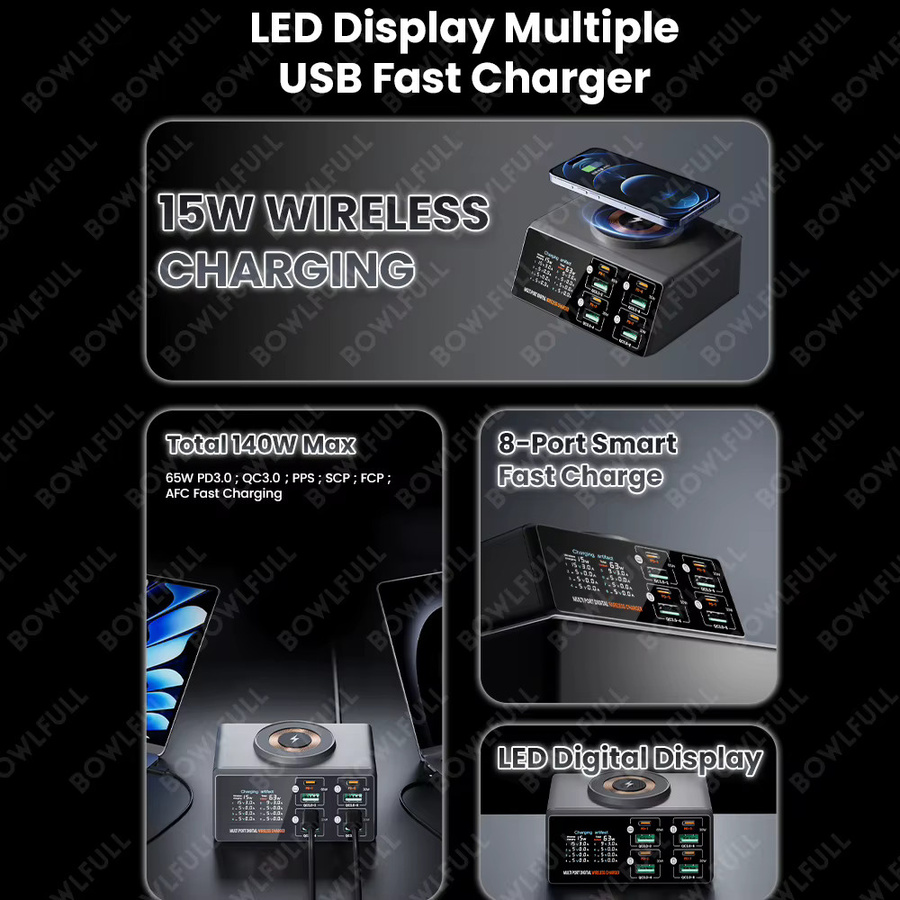 Bowlfull Multiport-USB-Ladegerät 140 W mit 4 USB-C und 4 USB-A Anschlüssen, PD3.0 QC3.0 Schnellladegerät mit LCD-Display und magnetischem kabellosem Laden für MacBook und iPhone 16 - Bild 2