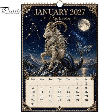 Zodiac Perlenkunst Kalender 2027 Bastelset mit 12 Monatsbildern in Schwarz und Multicolour, Handgemalte Strasssteinmalerei als Wandkalender für Anfänger und Erwachsene