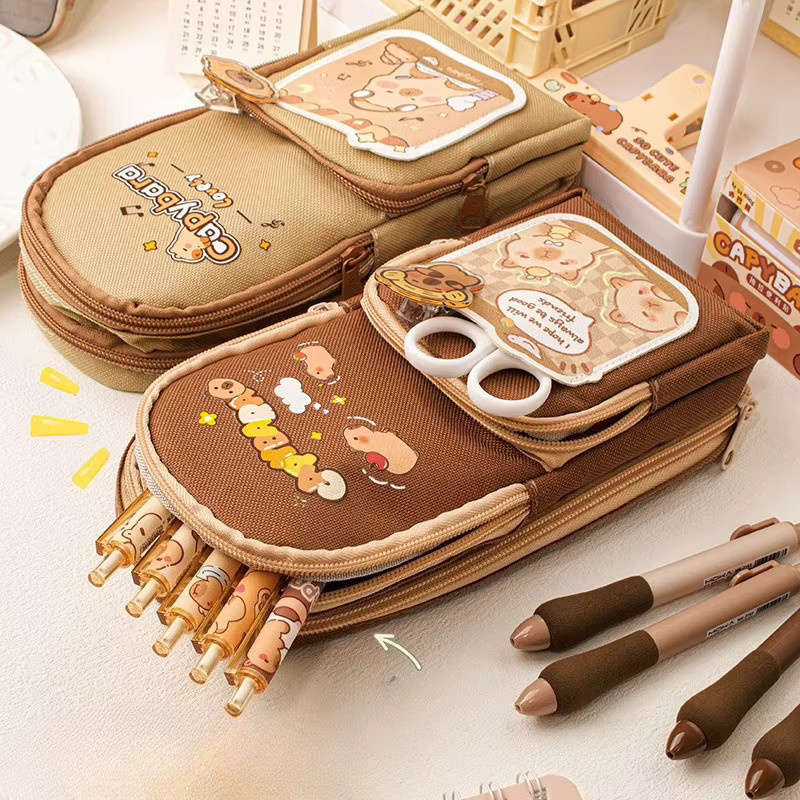 TWBEB Federmäppchen mit Cartoon-Capybara-Design in Braun, mehrlagiger Schreibwaren-Organizer mit großem Fassungsvermögen - Bild 2