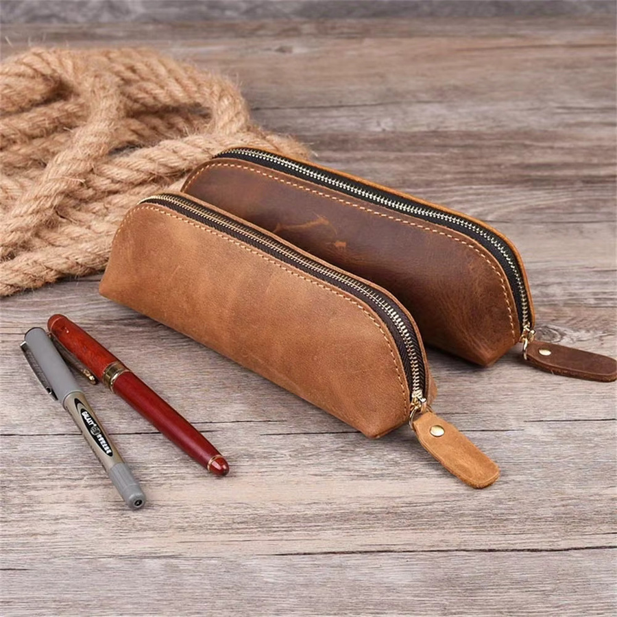 Vintage Leder Stiftetui mit Reißverschluss als Schreibwarenhalter und Brillenetui in Schwarz oder Braun - Bild 2