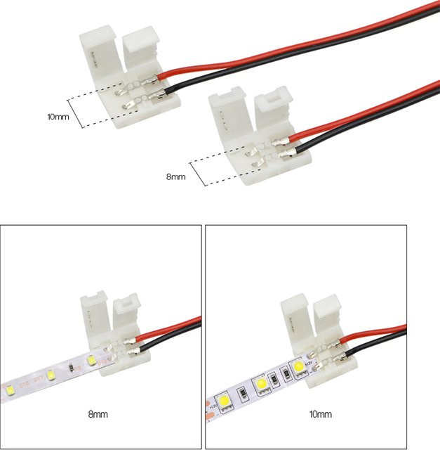 AEVYVKV 10 Stück 2-Pin LED Streifen Licht Anschlüsse für 8mm und 10mm LED Streifen, lötfreie Stromkabel Stecker für 2835 und 5050 LED Streifen, Farbe: Weiß - Bild 1