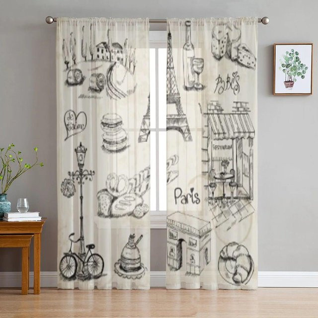 Transparente Paris Illustration Tüll Vorhänge von Your Warm Home in Weiß, Modernes Chiffon Organza Gardinen für Wohnzimmer und Schlafzimmer, Breite: 135 cm, Höhe: 137 cm - Bild 1