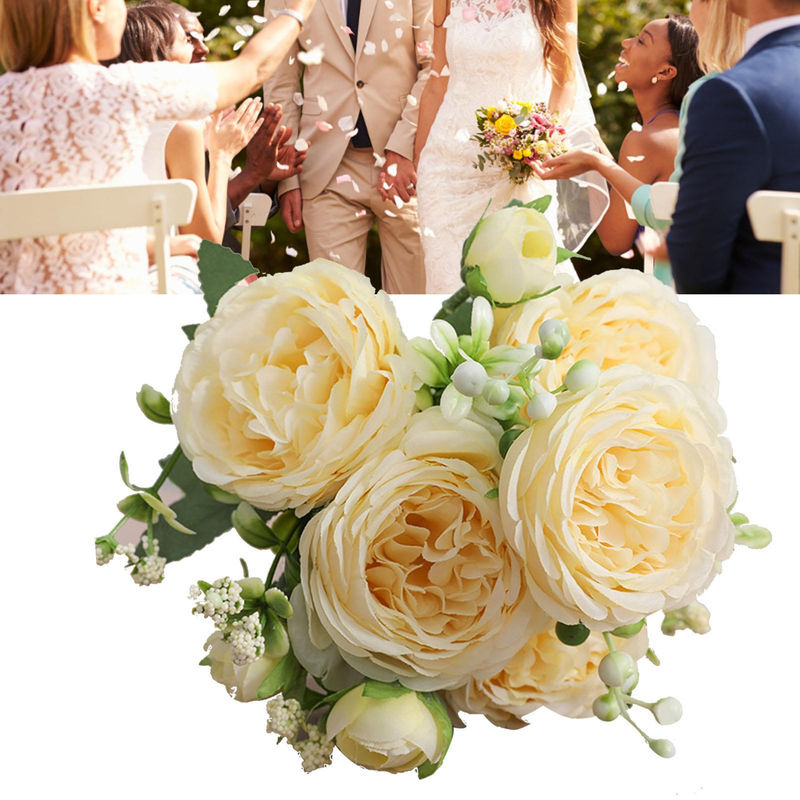 TOMTOP JMS 3 Bündel Künstliche Persische Rosen in Gelb und Creme, Handgebundene Textil-Rosenblumenstrauß zur Dekoration für Hochzeit und Wohnzimmer - Bild 3