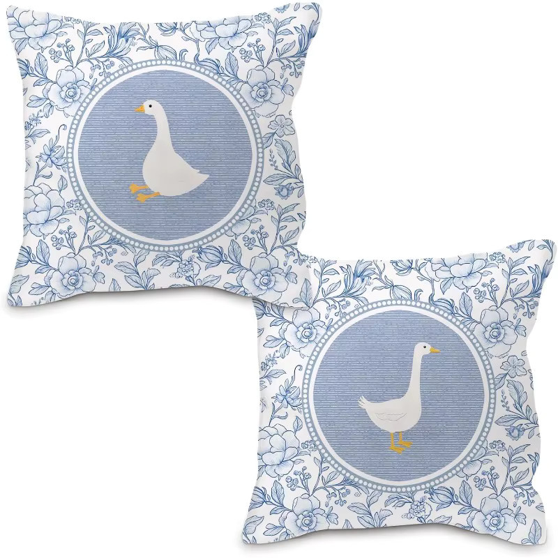 VIKAMA 2er-Set Kissenbezüge mit Garten-Gänse-Motiv in Blau-Weiß, quadratische Kissenbezüge aus verschleißfestem Stoff, Breite: 30 cm, Höhe: 30 cm - Bild 2