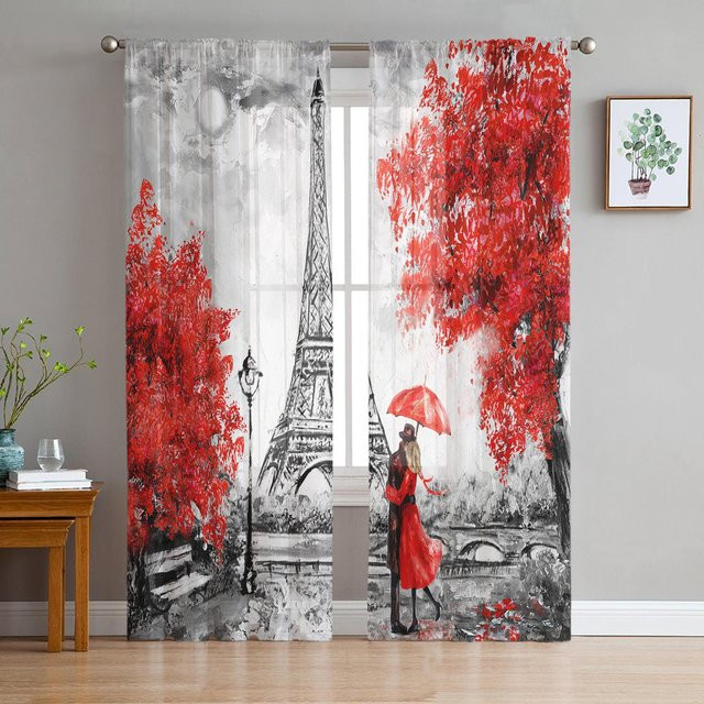 Yiran Furniture Chiffon Vorhang Paris Motiv mit Eiffelturm und roten Lippen, transparent, B: 70 cm, H: 165 cm, 2er-Set inklusive Haken - Bild 1