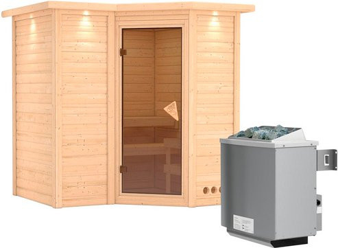 Karibu Sauna Riga 1 aus Fichtenholz in Beige inklusive 9 kW Saunaofen mit integrierter Steuerung für 3 Personen, B/T/H: 198 x 212 x 221 cm - Bild 1