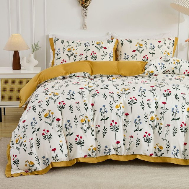 3-teiliges Bettwäsche-Set Bin Chi Textiles mit floralem Design und Quasten in Gelb und Weiß, B/H: 135 x 200 cm - Bild 1