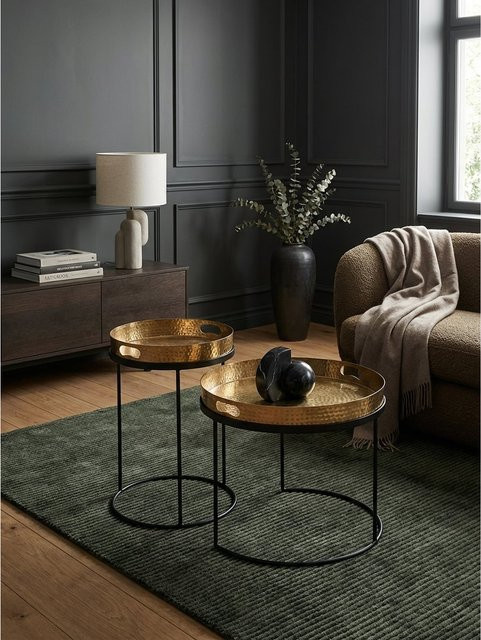 KADIMA DESIGN Beistelltisch 2er Set Metall Rund Hammerschlag mit abnehmbarem Tablett, Gold, B/T/H: 38 x 38 x 45 cm - Bild 1
