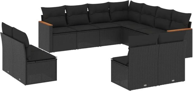 vidaXL 11-teilige Garten-Sofagarnitur in U-Form aus Polyrattan und Akazienholz mit Kissen in Schwarz - Bild 1