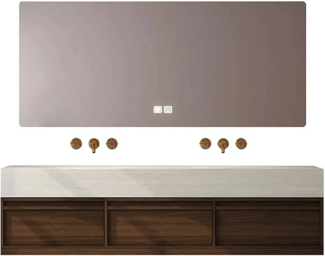 360Home Waschtisch-Set aus Sinterstein mit Doppelspüle, Spiegelschrank und Unterschrank, Schwarz/Braun, B/T/H: 150 x 55 x 25 cm - Bild 1