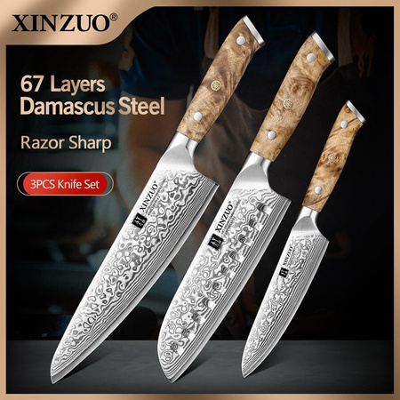 XINZUO Messer-Set aus Damaststahl mit 67 Schichten, Kochmesser und Santoku-Allzweckmesser, 60 HRC, mit Sycamore-Messingnieten