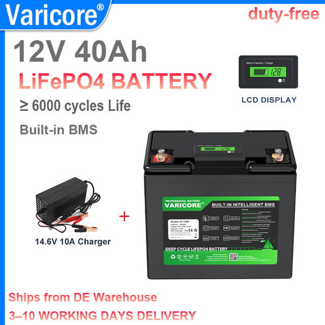 Varicore 12V 40Ah LiFePO4 Deep-Cycle-Batterie mit integriertem 100A BMS und LCD-Display in Schwarz inklusive 14,6V 10A Ladegerät - Bild 1