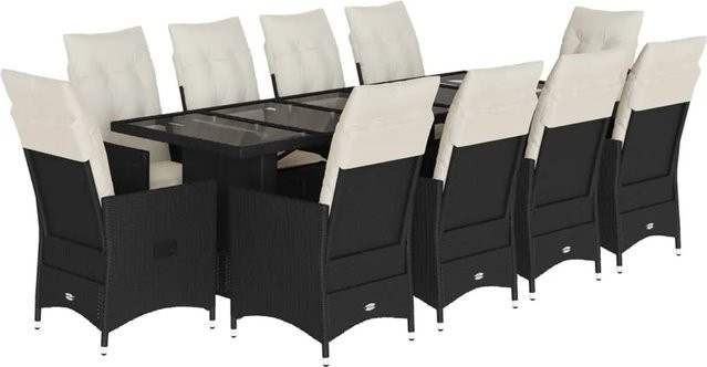 vidaXL 11-teiliges Garten-Bistro-Set aus schwarzem PE-Rattan mit Kissen und Hartglas-Tischplatte - Bild 1