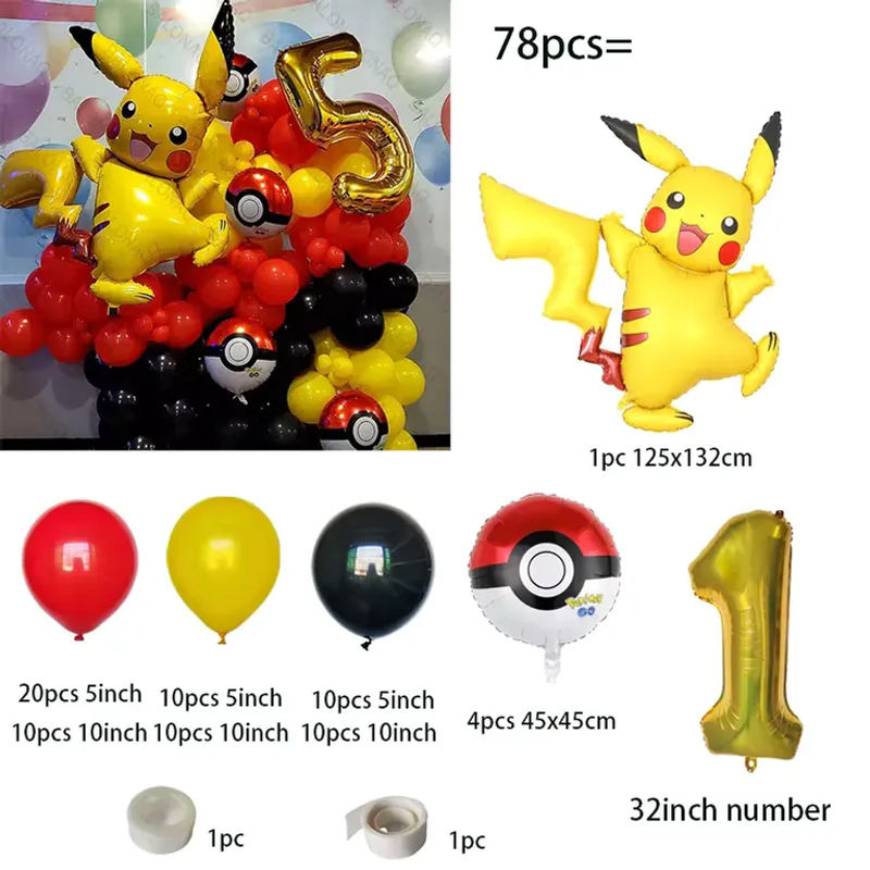 Potdemiel Pokemon Partydekoration Set mit 78 Stück bunte Cartoon-Ballons und Figuren wie Pikachu, Charizard und Schiggy für Kinder - Bild 2